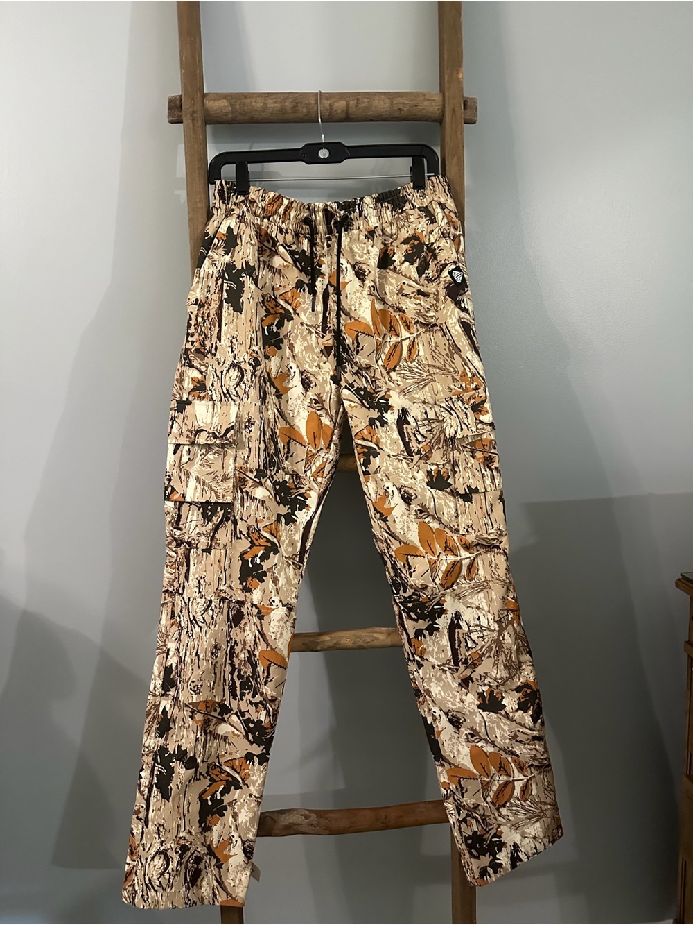 Men's Beige Camouflage Cargo Pants with Orange Accents